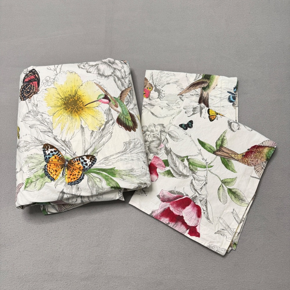 Pottery Barn Duvet Cover Set King Cotton White Gray Hummingbird Butterfly Floral